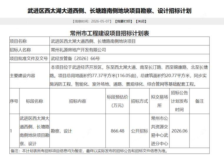西太湖北部片区住宅地块建设招标计划表